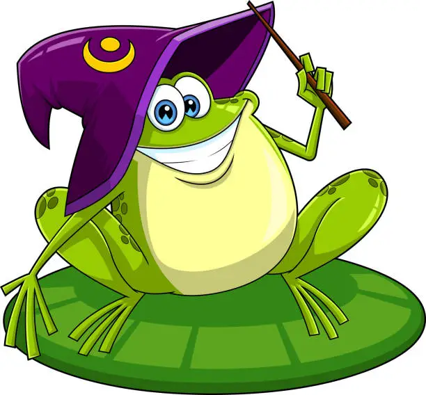 Vector illustration of Cute Green Frog Cartoon Character With Wizard Hat And Magic Wand