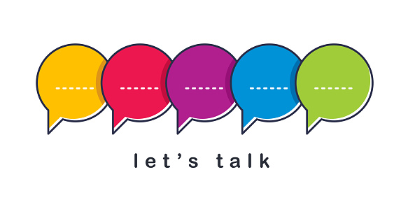 Communication concept shown with speech bubbles vector illustration, conference or briefing, blog public discussion, let’s talk.