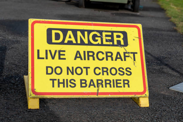 istock Danger live aircraft warning sign 1487966144