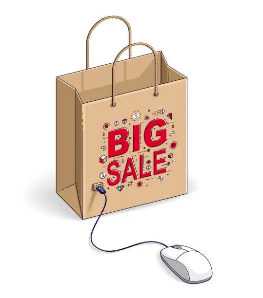 Vector illustration of Online Shop concept, web store, internet sales, Shopping bag with pc mouse connected isolated on white background. Isometric vector business and finance illustration, 3d thin line design.