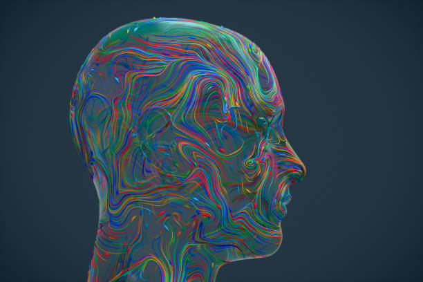 3D render featuring a glass-like human head covered by vibrant, colorful curves, representing the complexity and diversity of human thoughts and emotions.