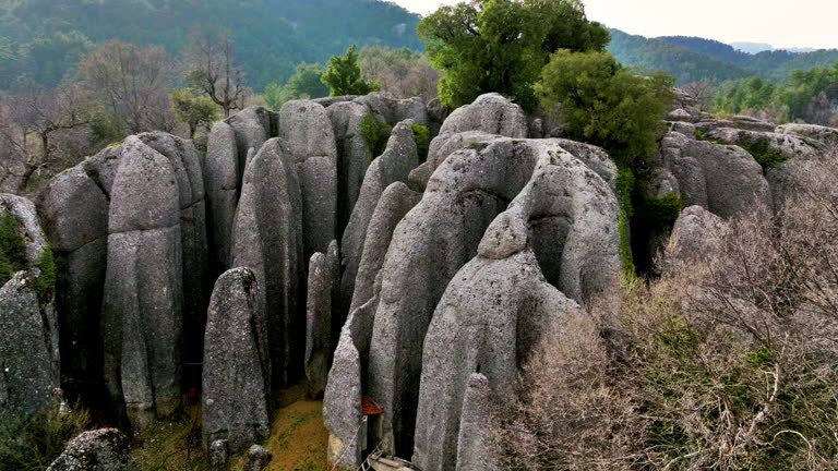 Aerial view ancient city of Selge in Antalya, “Adam Kayalar” means “Man Rocks”, Rocky Landscape of Antalya, Adamkayalar on the Antalya St. Paul walking path, the village as a result of geological formation, the best hiking route in the world,