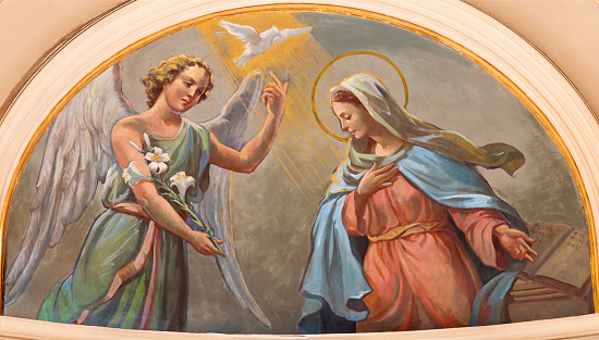 Bari - The fresco of Annunciation in the temple in the church Chiesa San Ferdinando by Nicola Colonna from end of 19. cent.