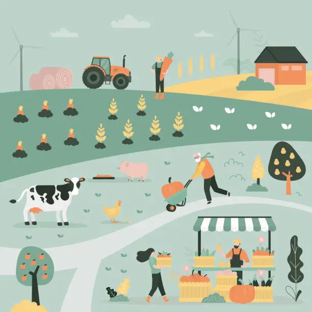 Vector illustration of Farm animals, poultry products. Rural view, countryside landscape, group of farmer workers farming organic food. Ecological agricultural food. Farmland, ranch. Good harvest.
