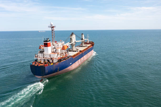 istock Aerial view of cargo ship in transit. 1487970084