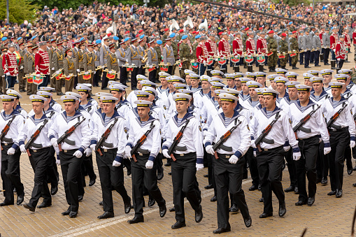 Sofia, Bulgaria - 6 May 2023 Military parade in Sofia, Bulgaria celebrating May 6, the Day of Saint George the Victorious, and the Day of the Bulgarian Army. May 6, 2023 in Sofia, Bulgaria