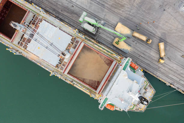 istock Loading grain into sea cargo vessel in commercial port. Aerial view. 1487971489