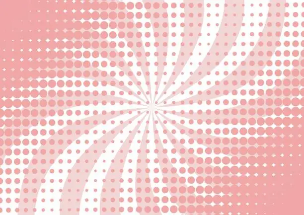 Vector illustration of Halftone dots with wavy rays on abstract pink and white background. Comic pop art style with sunburst rays.