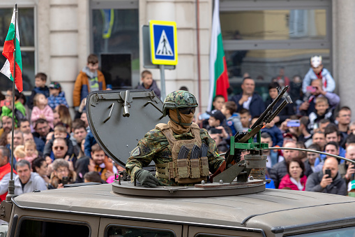 Sofia, Bulgaria - 6 May 2023 Military parade in Sofia, Bulgaria celebrating May 6, the Day of Saint George the Victorious, and the Day of the Bulgarian Army. May 6, 2023 in Sofia, Bulgaria