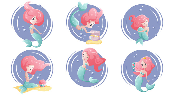 Character cartoon mermaid in different poses. Vector set. Undersea world