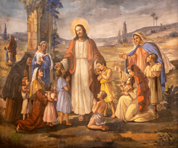 Bari - The fresco Jesus among the children in the church Chiesa San Ferdinando stock photo