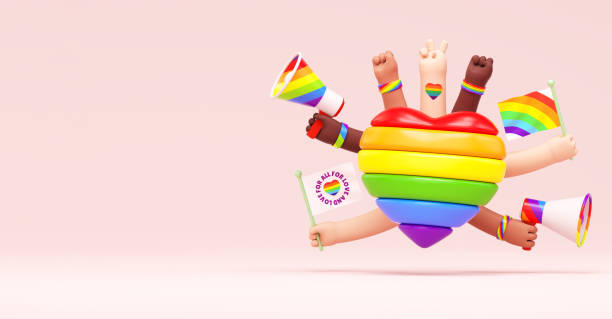 lgbtqia+ 프라이드의 달, 섹슈얼리티의 자유, 사랑의 다양성 축하, 3d 일러스트레이션의 인권을 위한 투쟁을 위한 무지개 하트, 손, 복사 공간이 있는 프라이드 축제 배너 배경 - pride month 뉴스 사진 이미지