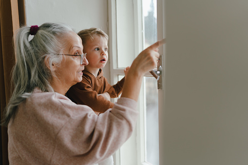Grandmother with her little grandson looking out of window.