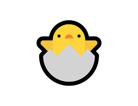 Hatching chick vector icon. Cracked chicken egg. Newborn Baby Chicken emoji illustration. Isolated chick vector emoticon