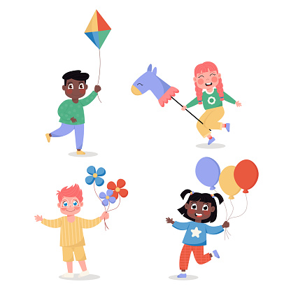 Happy international children girls and boys set with balloons, horse, flowers and kite in flat style
