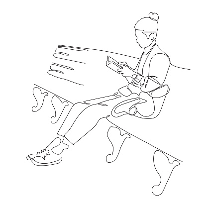 Young man reading a book and sitting on bench in park. Backback close to him. Vector illustration in line art style.
