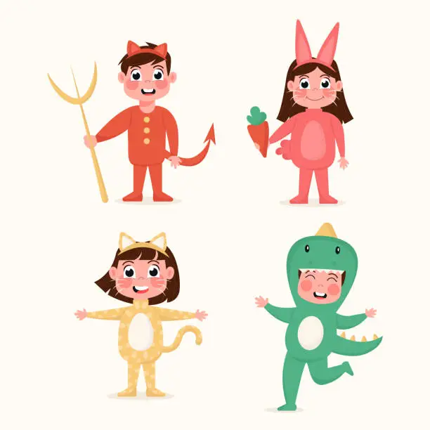 Vector illustration of Happy children in dinosaur, hare, tiger, devil costume in flat style