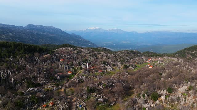 Aerial view ancient city of Selge in Antalya, “Adam Kayalar” means “Man Rocks”, Rocky Landscape of Antalya, Adamkayalar on the Antalya St. Paul walking path, the village as a result of geological formation, the best hiking route in the world,