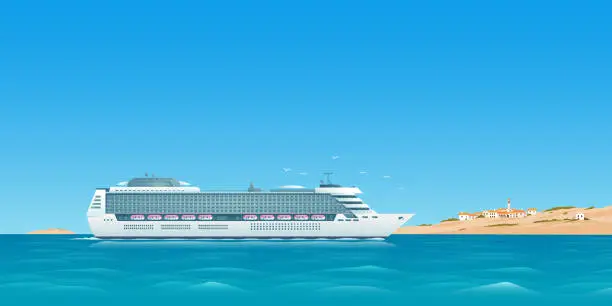 Vector illustration of Cruise ship floating at sea. Traveling by cruise ship at sea. Warm seascape with a cruise ship. Traveling by sea, and ocean.