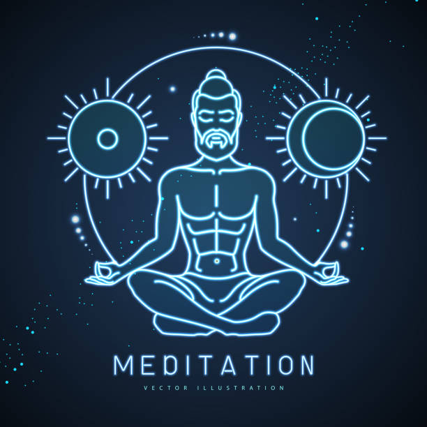 istock Handsome man meditation in lotus position with astrology sun and moon sign. Neon sign. Vector illustration 1487983584
