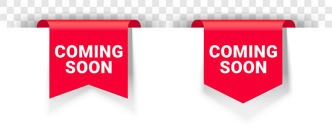 Coming soon banner sign or label tag for new open, vector announcement ribbon. Coming soon icon for product release, store or shop opening announce