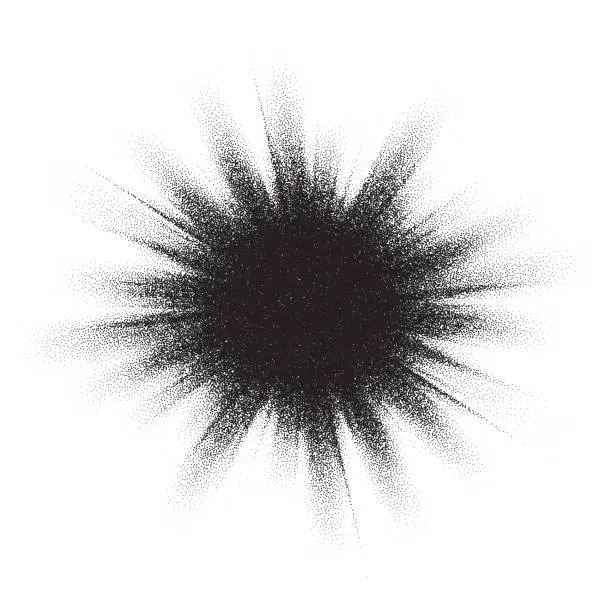Vector illustration of Noise grain splash, pointillism dots or grainy dotwork spray, vector black glitter explosion. Grainy noise spray scatter with stipple gradient of dotted dust burst