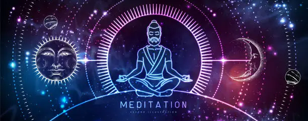 Vector illustration of Neon Silhouette of meditating man. Sun and moon sign with human face on outer space background. Day and nignt. Vector illustration