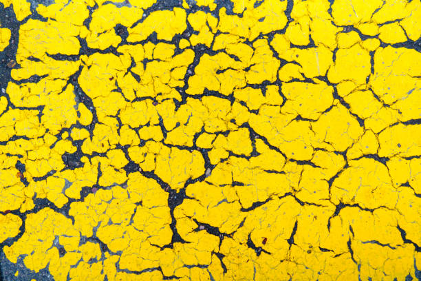 Yellow cracked paint on wet asphalt road
