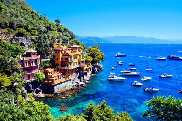 Luxurious seaside villas of Portofino, Italy stock photo