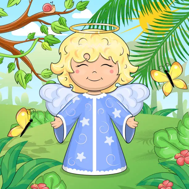 Vector illustration of Cute cartoon angel in the forest.