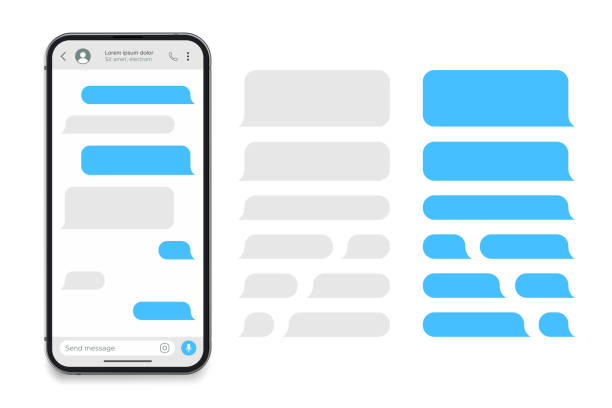 mockup aplikasi perpesanan smartphone yang realistis. template bingkai teks sms. antarmuka pengguna percakapan media sosial mengobrol dengan gelembung biru. - teks ilustrasi stok