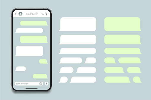 Realistic smartphone messaging app mockup. SMS text frame template. Social media conversation chat user interface with green bubbles.