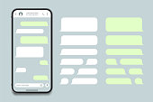 istock Realistic smartphone messaging app mockup. SMS text frame template. Social media conversation chat user interface with green bubbles. 1487988920