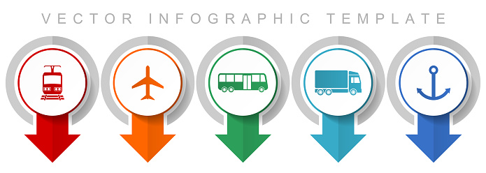 Transport icon set, miscellaneous pointer icons such as train, plane, bus, truck and anchor for webdesign and mobile applications, modern design infographic vector template