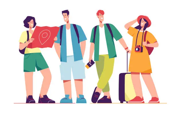 Vector illustration of Vector illustration of a group of happy friends tourists travelers