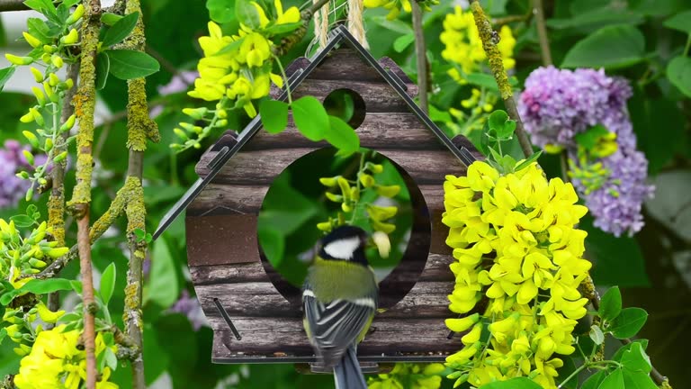 Great tit bird feeder house surrounded by yellow golden chain or golden rain blossom