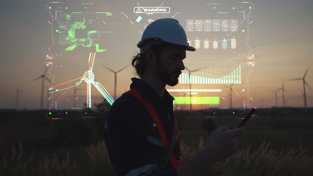 Wind turbine maintenance engineers working late until sunset time relax discussion to look at drawings and preparation for the next working day, HUD futuristic infographic 3D imagination in the background