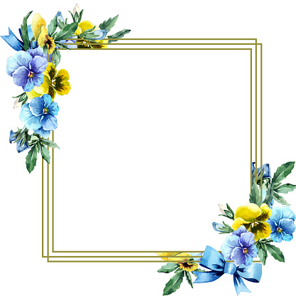 Elegant floral square frame with blooming garden flowers. Summer cute bouquets with pansies. Place for text. Hand drawn watercolor illustration white background for cards, wedding invitations, banner.