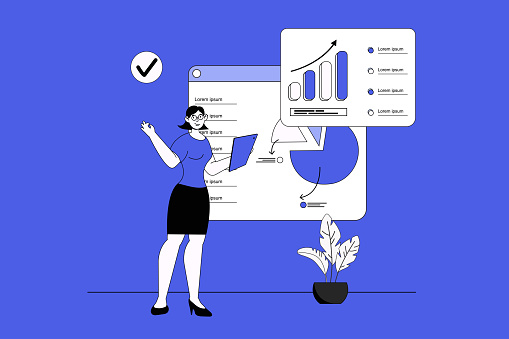 Financial analytics web concept with character scene in flat design. People working with data and calculating money, making market research. Vector illustration for social media marketing material.