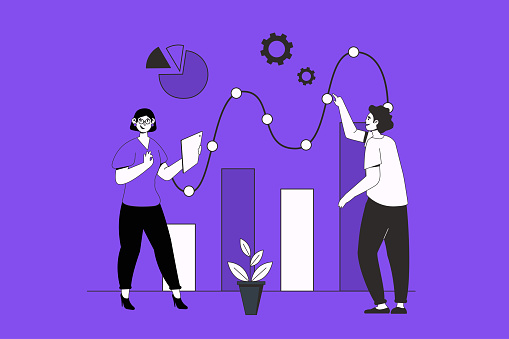 Line graph web concept with character scene in flat design. People working with charts, making statistical analysis and calculate data graphs. Vector illustration for social media marketing material.