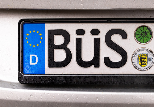Busingen am Hochrhein, Germany - May 1, 2023: Car registration plate of municipality of Busingen. It is german enclave and surrounded by Swiss territory.