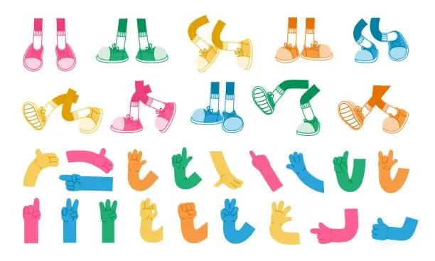 Vector illustration of Cartoon hands and leg. Retro color comic leg in sneakers, mascot arm and hand, feet in trainers walking, expression pose, cute doodle gesture. Vector set