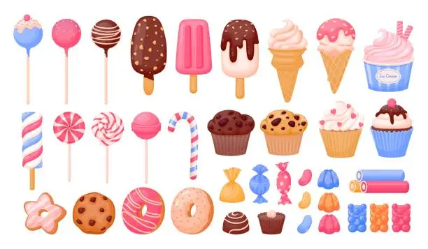 Vector illustration of Cartoon sweets. Sweet dessert, candy, cute cake, lollipop, chocolate, sugar pastry, ice cream, donut, caramel, colorful bakery, bear dragee. Vector set