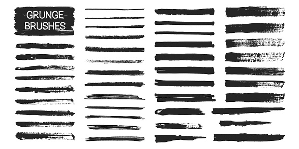 Black ink brush strokes. Texture paintbrushes, grunge elements, dry brushes, grungy stain and line, design elements on white background. Vector set. Thick and thin stripes, dark paint