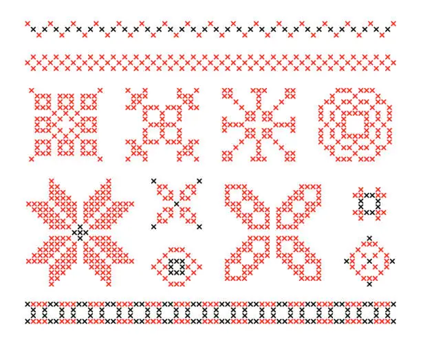 Vector illustration of Embroidery stitch cross ornaments. Embroidery craft crosses pattern, sewing stitched heart, folk abstract ornament, fabric symmetry elements. Vector set