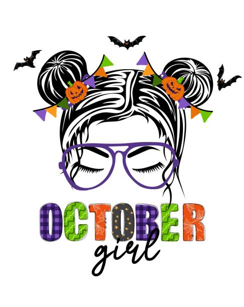 ilustrações de stock, clip art, desenhos animados e ícones de october girl. hand drawn woman face with spooky pumpkins, bats and doodle text. happy halloween concept. holiday design for poster, banner - halloween witch child pumpkin