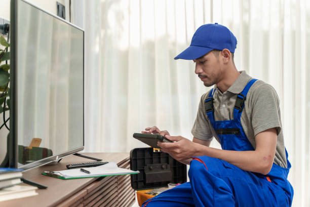 Young Asian man technician checking or setting up television with digital tablet. Young Asian man technician checking or setting up television with digital tablet. Hiring Professional TV Installers stock pictures, royalty-free photos & images