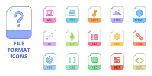 Vector illustration of File type, document format icon set: avi, txt, mp3, png, zip, ai. Large file flat vector icon collection  for website, print, banner, mobile or desktop application. Flat vector colourful pictogram.