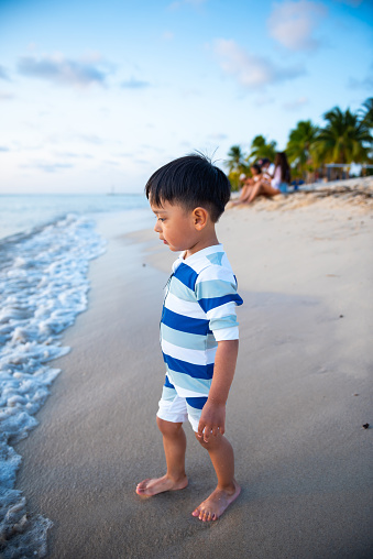 Child contemplating the sunset on the beach