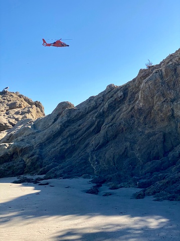 Malibu, USA - January 28, 2020: Helicopter over Malibu beach